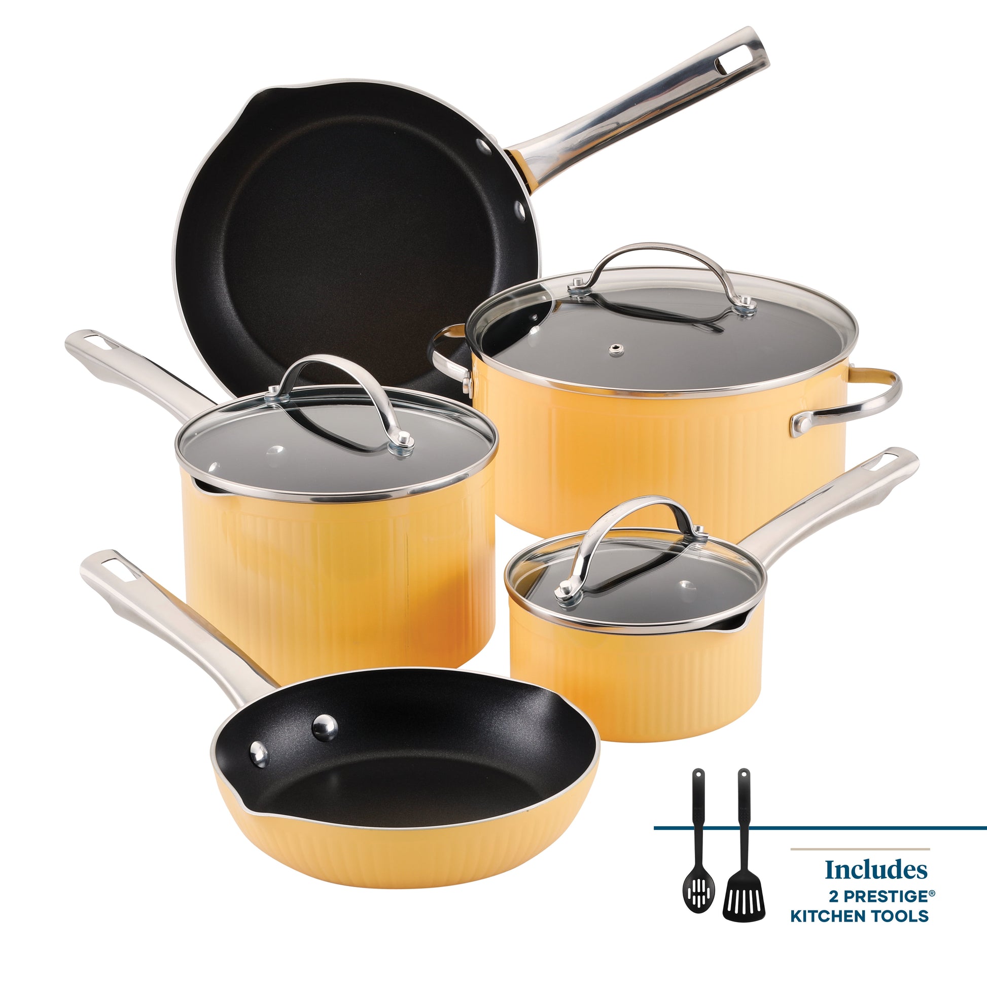 Farberware Style 10 Pcs Nonstick Cookware Set with Cooking Tools, Dishwasher Safe and Oven Safe to 500Â°F, Yellow