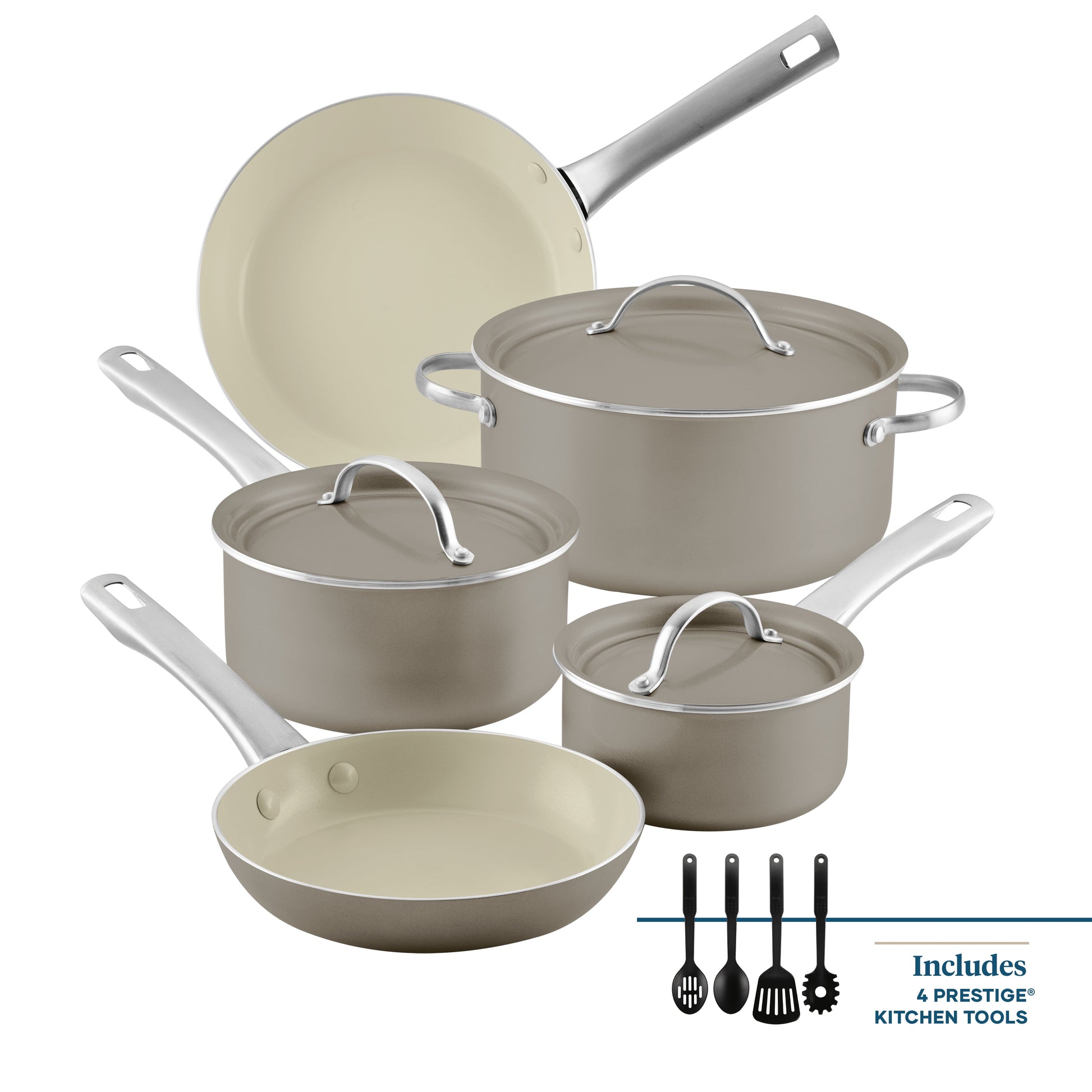 Farberware Vibrance 12 Pcs Ceramic Nonstick Cookware Set with Cooking Tools, Stainless Steel Handles, Dishwasher Safe and Oven Safe to 500Â°F, Silver