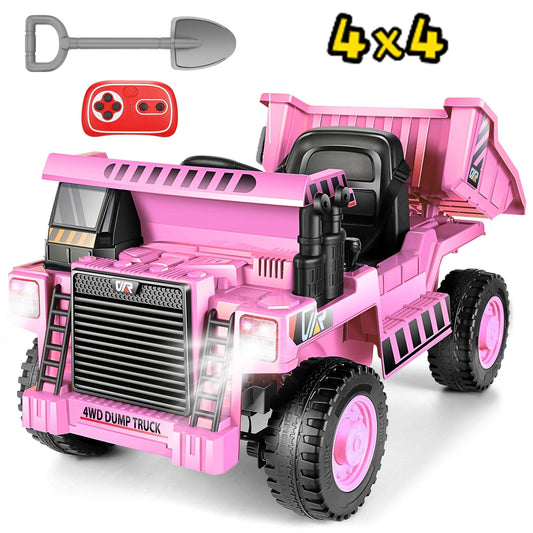 Farmdex Ride on Dump Truck, 12 Volt Ride on Toys with Electric Dump Bed, 4WD Electric Car for Kids w/ Remote Control, Bluetooth, Shoel, LED Lights, Musci Player, Pink