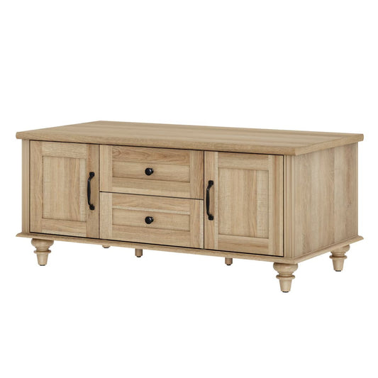 Farmhouse Coffee Table with Cabinet, Rustic Center Table with Hidden Storage Compartment for Living Room, Office, Natural Oak