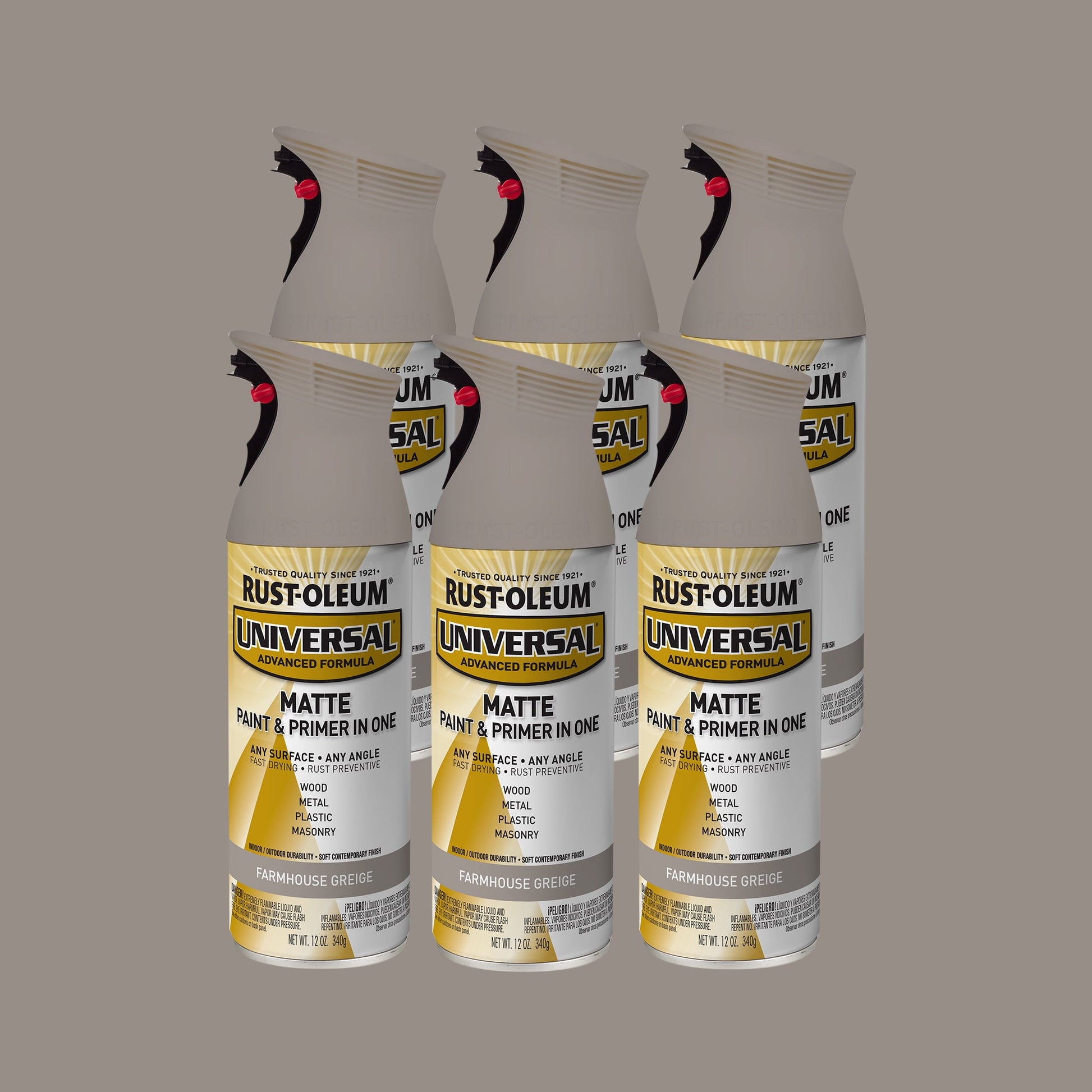 6 Pack, Farmhouse Greige, Rust-Oleum Universal All Surface Interior/Exterior Matte Spray Paint-376724, 11 oz