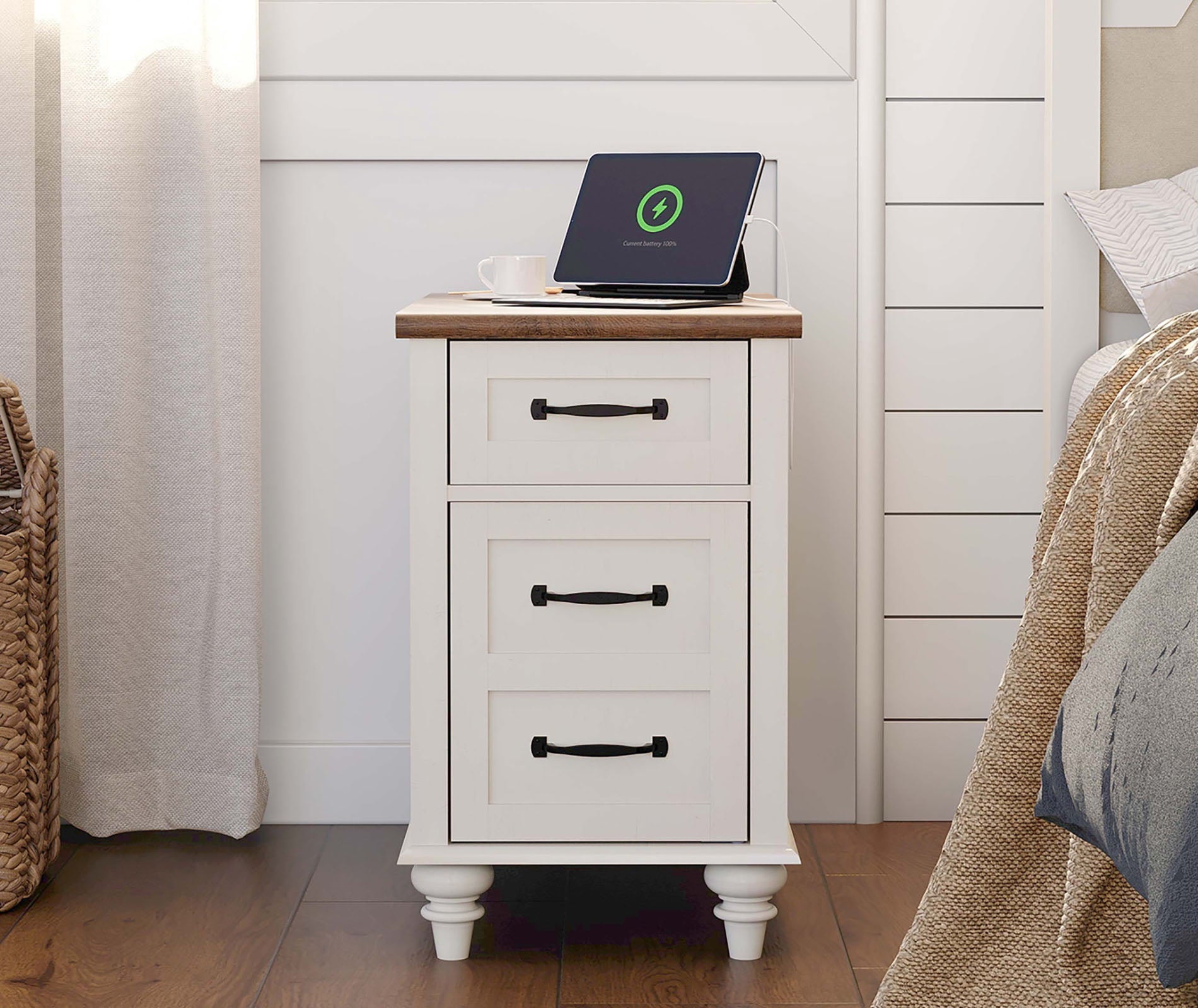 Farmhouse Off White Side Table â€“ Wooden End Table with Charging Station, Nightstand for Bedroom Living Room