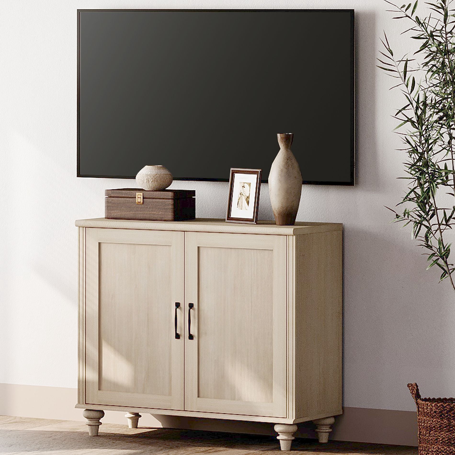 Farmhouse TV Stand For 43 Inch TV With 2 Wood Doors, Wood Universal TV Stand With Storage Cabinets, Entertainment Center TV Console Table For Living Room, Bedroom, Beige