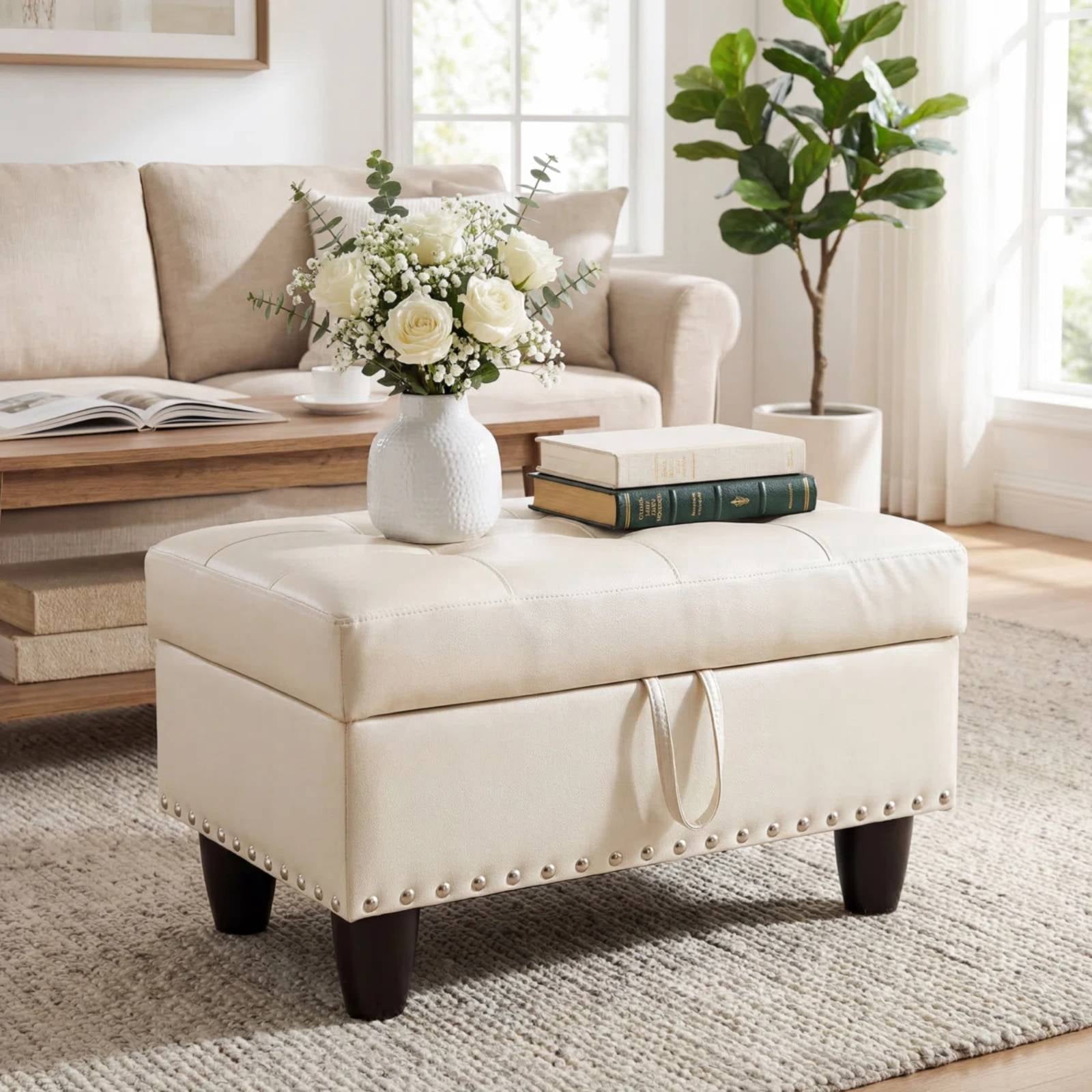Faux Leather Storage Ottoman Bench, Square Ottoman with Nailhead Trim, Footrest Stool Bench Coffee Table for Living Room,Entryway, White