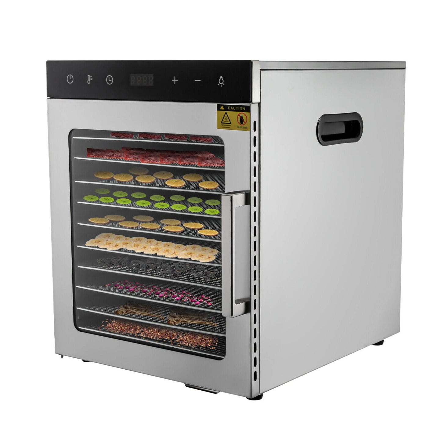 Fichiouy 10 Tray Food Dehydrator Machine Stainless Steel Fruit Meat Jerky Dryer with LED Light 800W