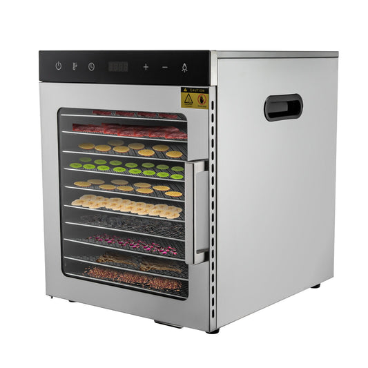 Fichiouy 10 Tray Food Dehydrator Machine Stainless Steel Fruit Meat Jerky Dryer with LED Light 800W