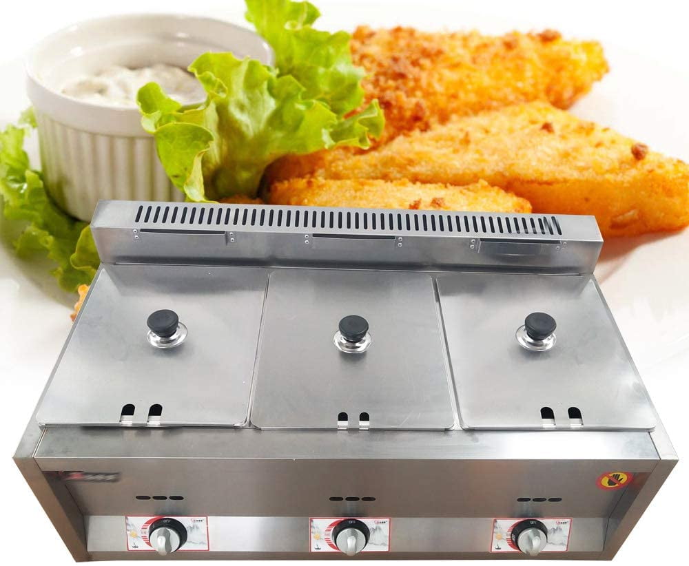 Fichiouy Commercial 3-Pan Gas Fryer Countertop Stainless Steel Food Warmer Steam Table 50 ~ 380°C 6L