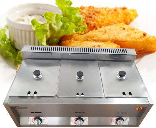 Fichiouy Commercial 3-Pan Gas Fryer Countertop Stainless Steel Food Warmer Steam Table 50 ~ 380°C 6L