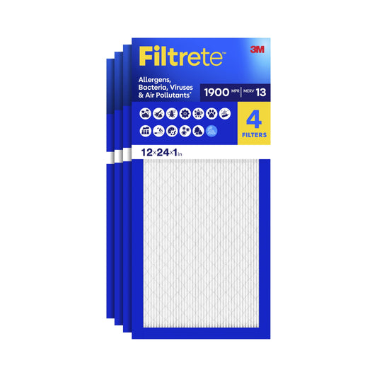 Filtrete 12x24x1 HVAC Furnace Air Filter, MPR 1900 MERV 13, Allergens Bacteria, Viruses & Air Pollutants, 4 Pack