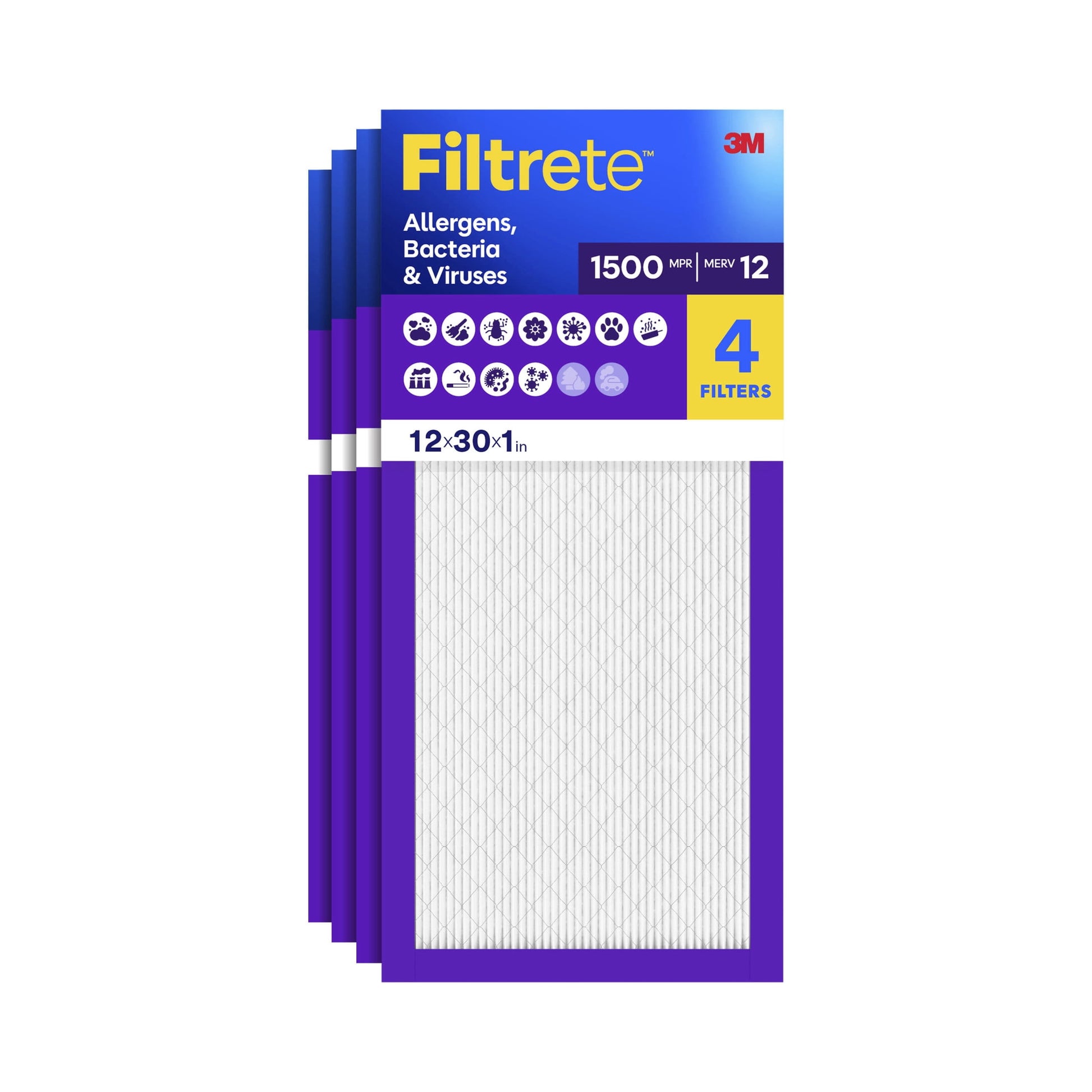 Filtrete 12x30x1 HVAC Furnace Air Filter, MPR 1500 MERV 12, Allergens, Bacteria & Viruses, 4 Pack