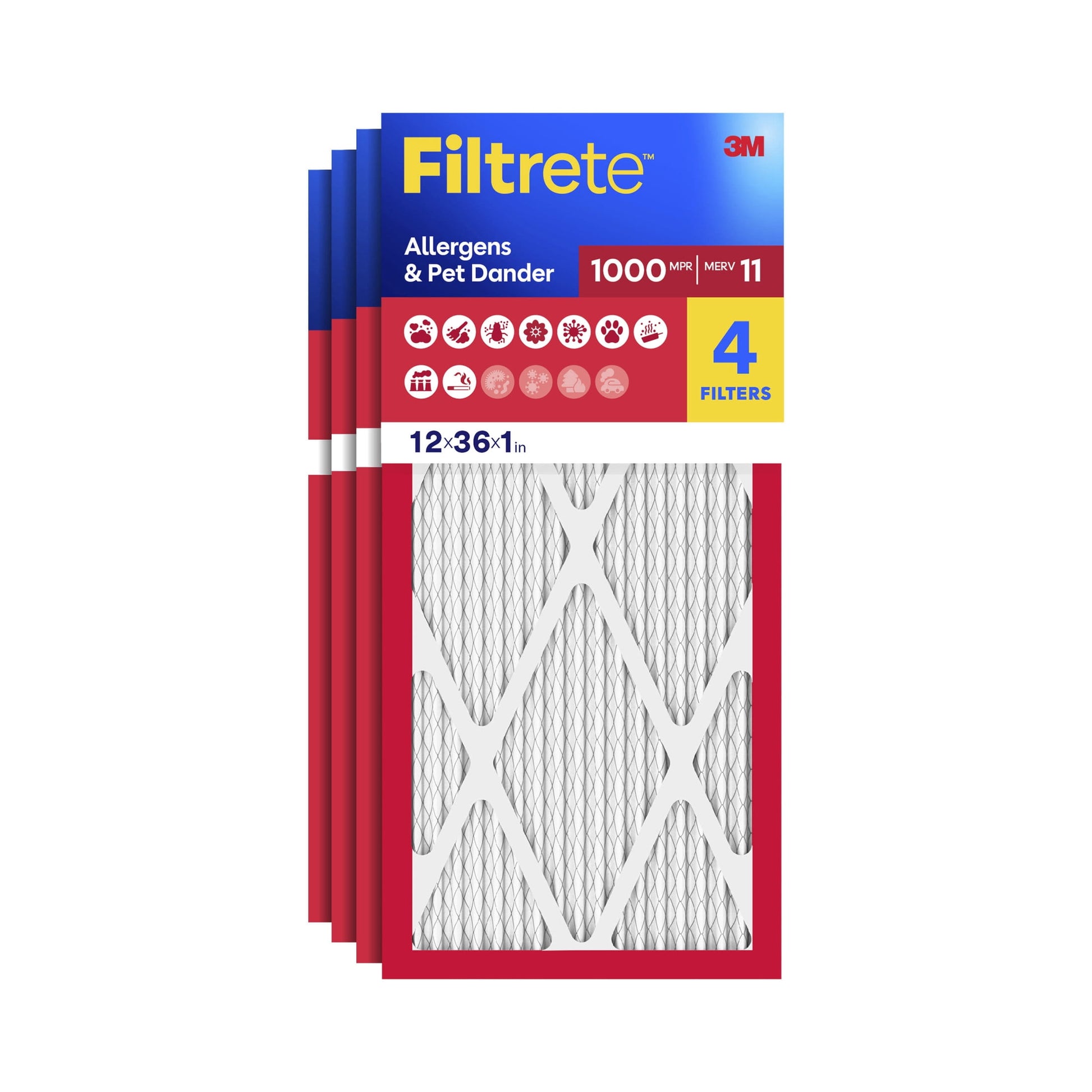 Filtrete 12x36x1 HVAC Furnace Air Filter, MPR 1000 MERV 11, Allergens & Pet Dander, 4 Pack