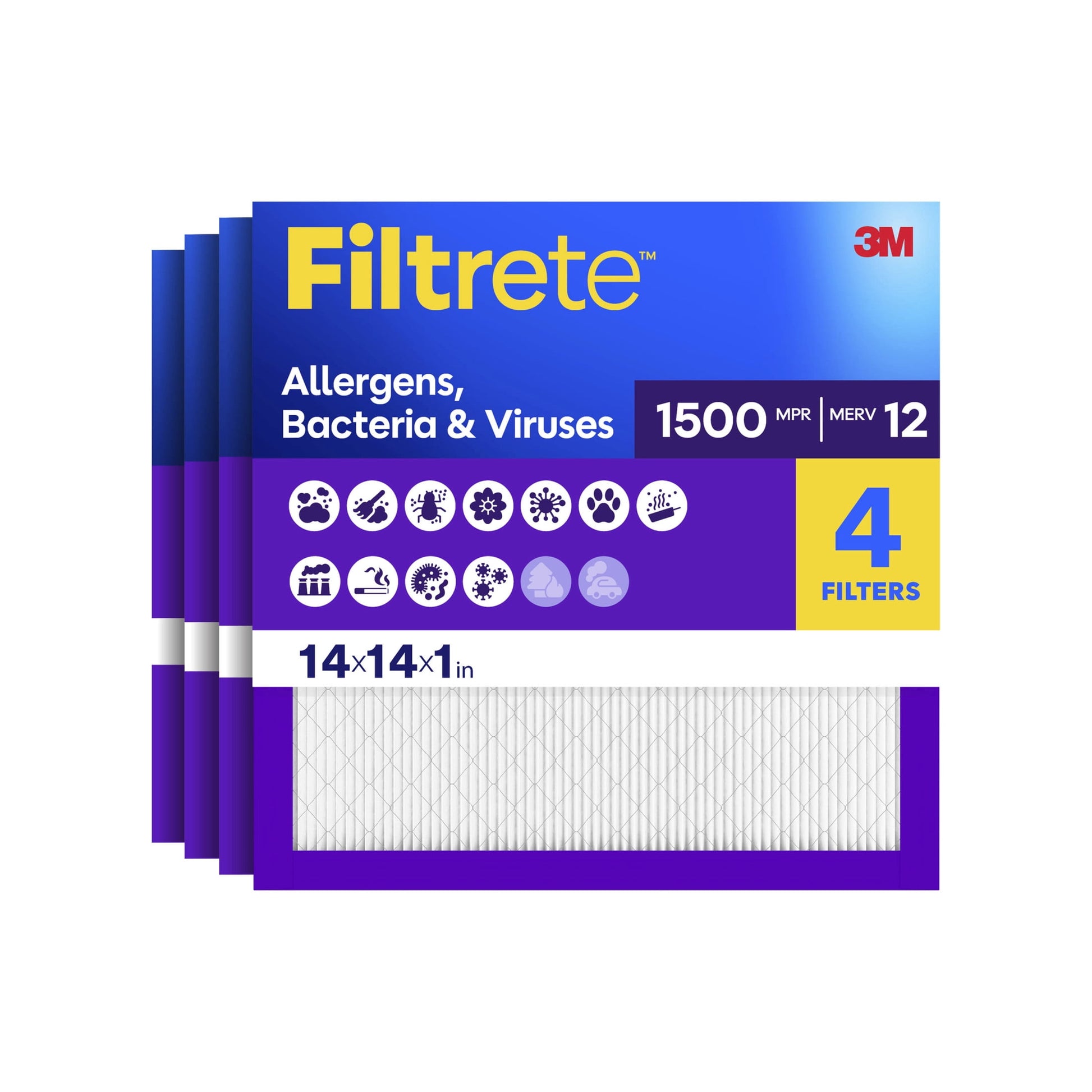 Filtrete 14x14x1 HVAC Furnace Air Filter, MPR 1500 MERV 12, Allergens, Bacteria & Viruses, 4 Pack