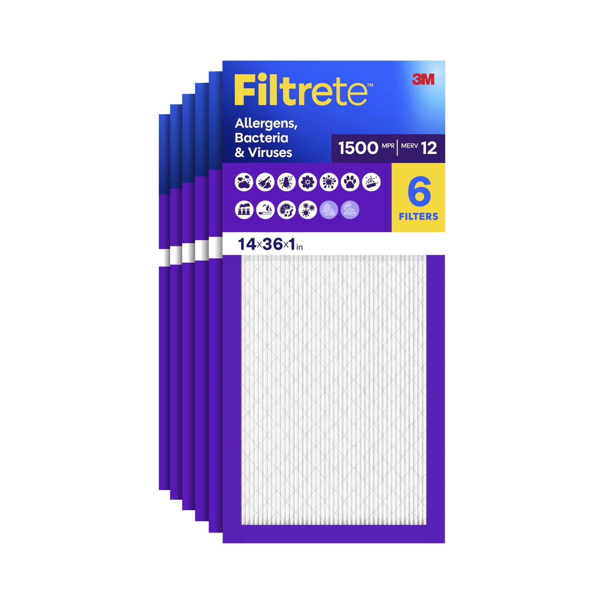 Filtrete 14x36x1 HVAC Furnace Air Filter, MPR 1500 MERV 12, Allergens, Bacteria & Viruses, 6 Pack