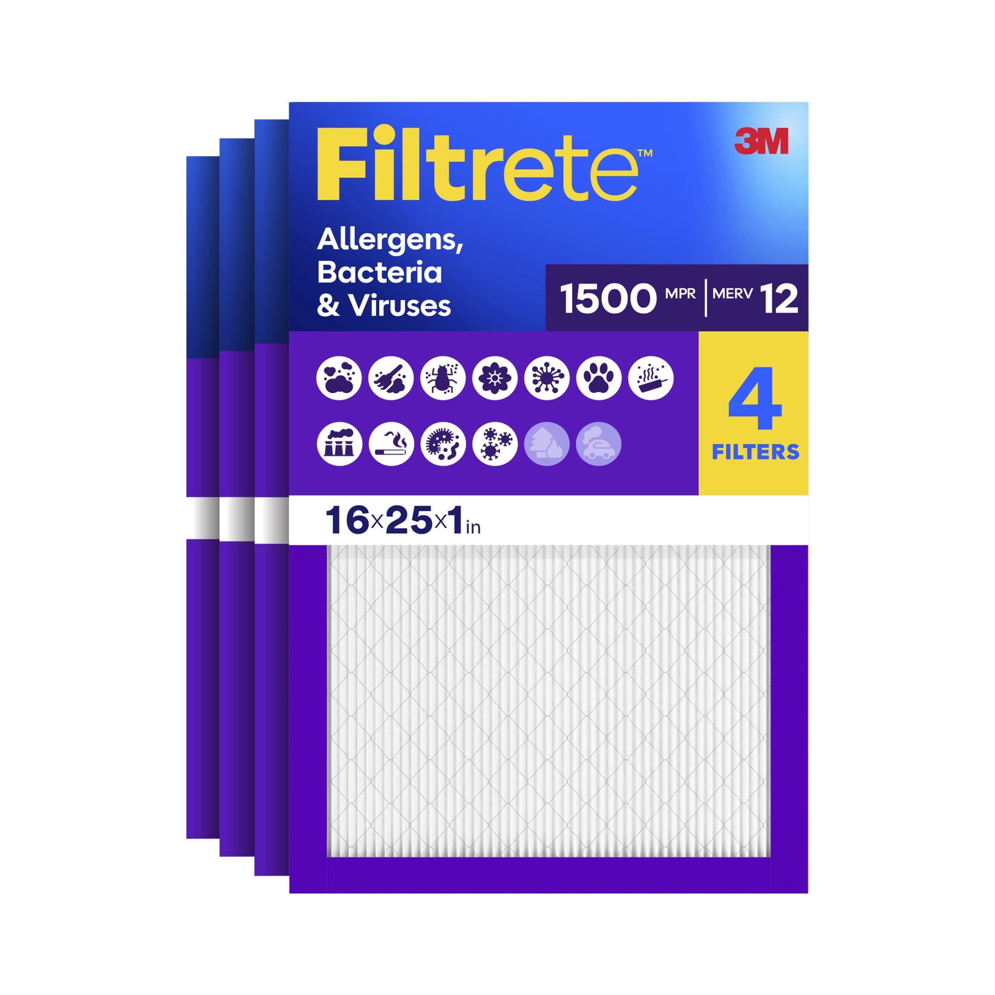 Filtrete 16x25x1 HVAC Furnace Air Filter, MPR 1500 MERV 12, Allergens, Bacteria & Viruses, 4 Pack