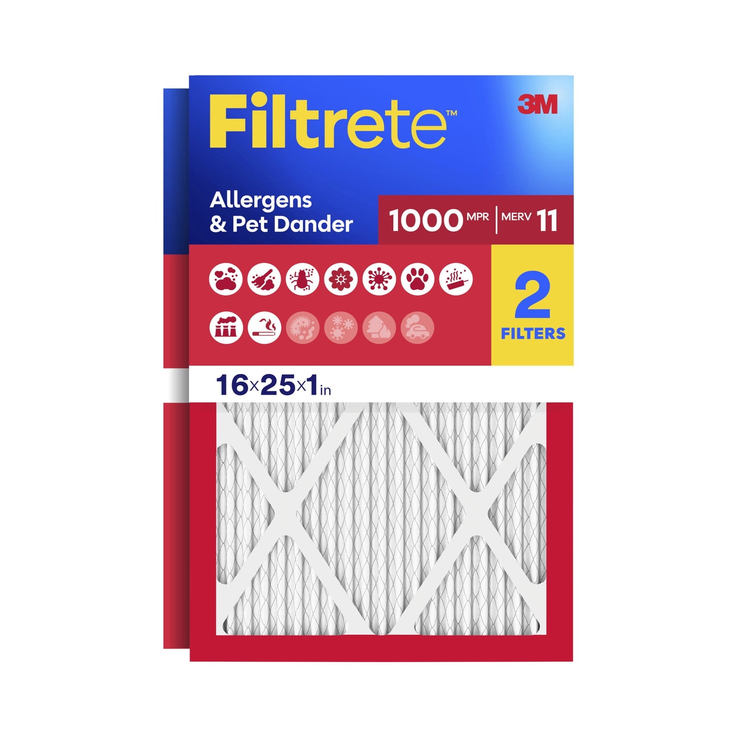 Filtrete 16x25x1 HVAC Furnace Air Filter, MPR 1000 MERV 11, Allergens & Pet Dander, 2 Pack