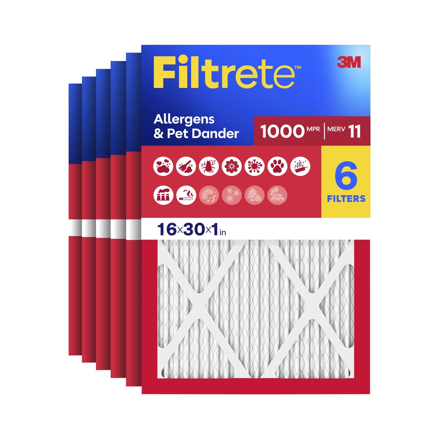 Filtrete 16x30x1 HVAC Furnace Air Filter, MPR 1000 MERV 11, Allergens & Pet Dander, 6 Pack