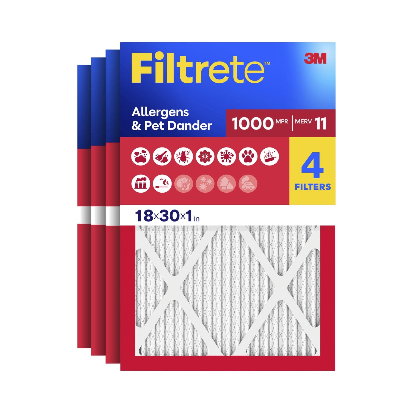 Filtrete 18x30x1 HVAC Furnace Air Filter, MPR 1000 MERV 11, Allergens & Pet Dander, 4 Pack