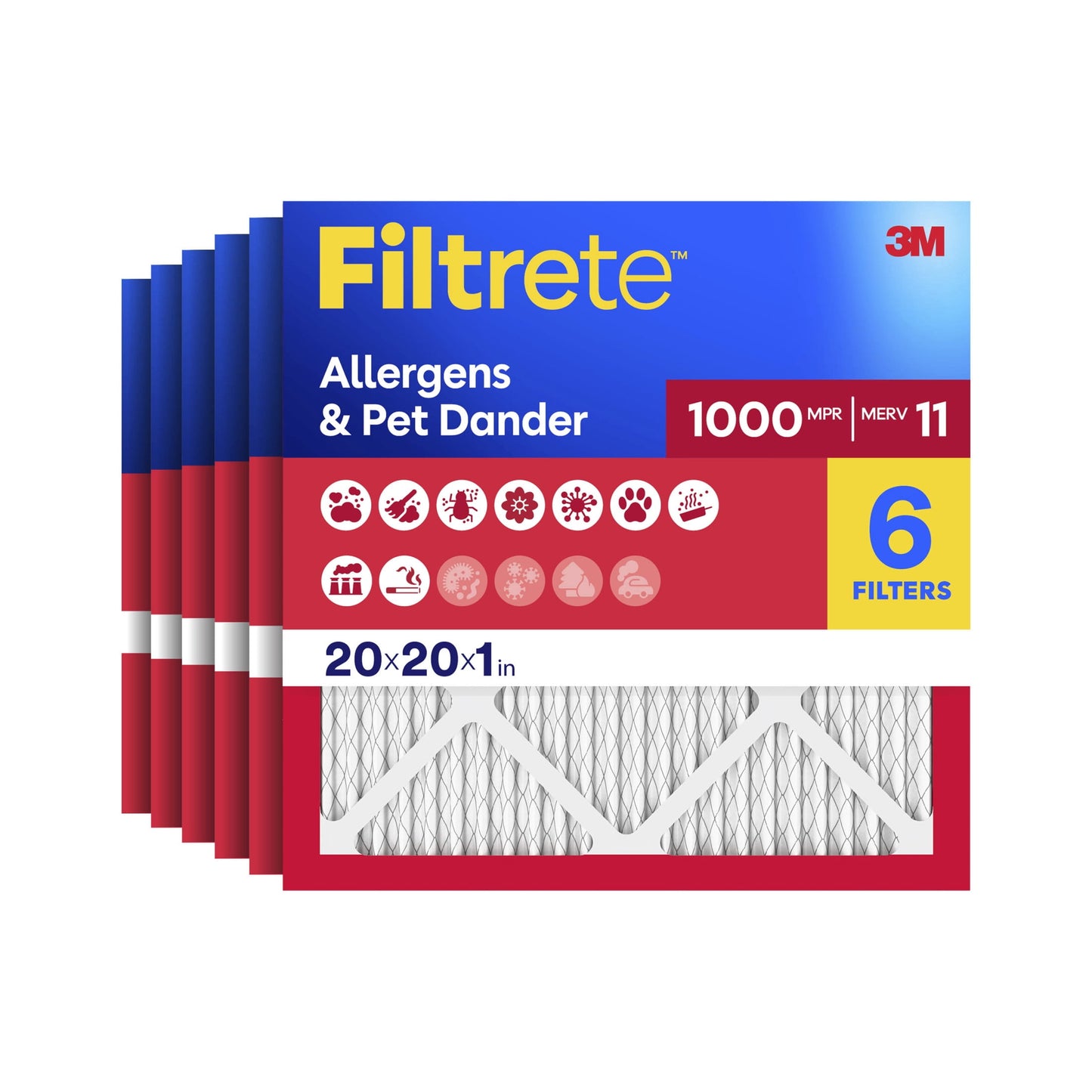 Filtrete 20x20x1 HVAC Furnace Air Filter, MPR 1000 MERV 11, Allergens & Pet Dander, 6 Pack