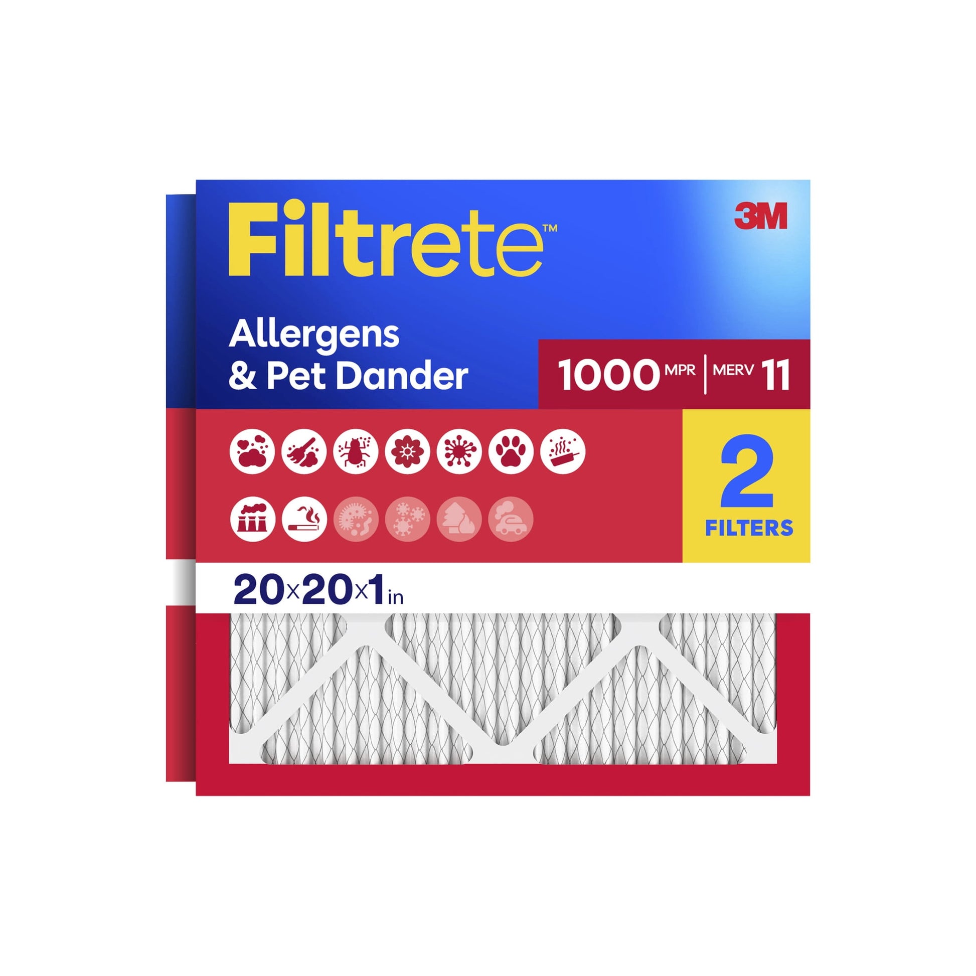 Filtrete 20x20x1 HVAC Furnace Air Filter, MPR 1000 MERV 11, Allergens & Pet Dander, 2 Pack