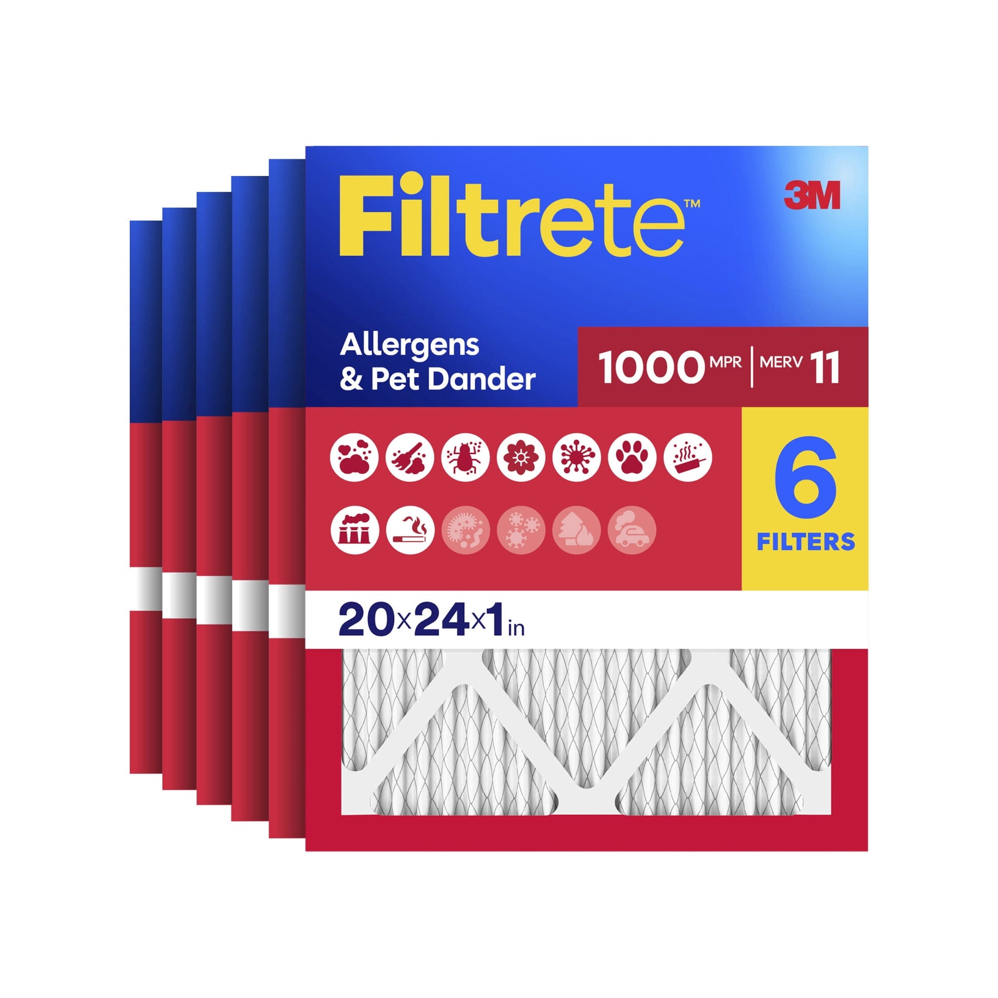 Filtrete 20x24x1 HVAC Furnace Air Filter, MPR 1000 MERV 11, Allergens & Pet Dander, 6 Pack