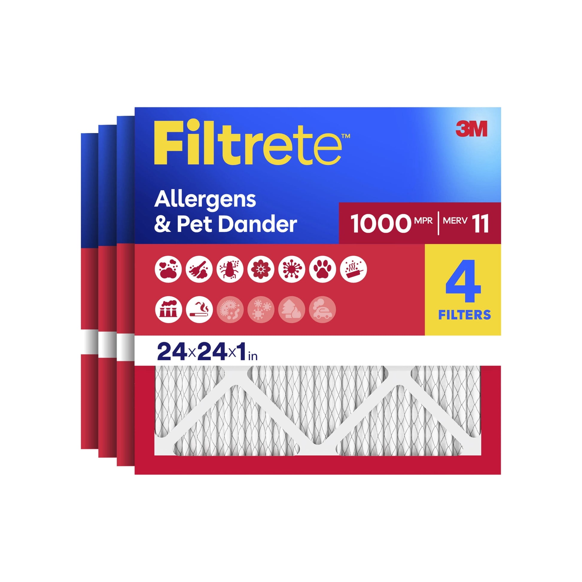 Filtrete 24x24x1 HVAC Furnace Air Filter, MPR 1000 MERV 11, Allergens & Pet Dander, 4 Pack