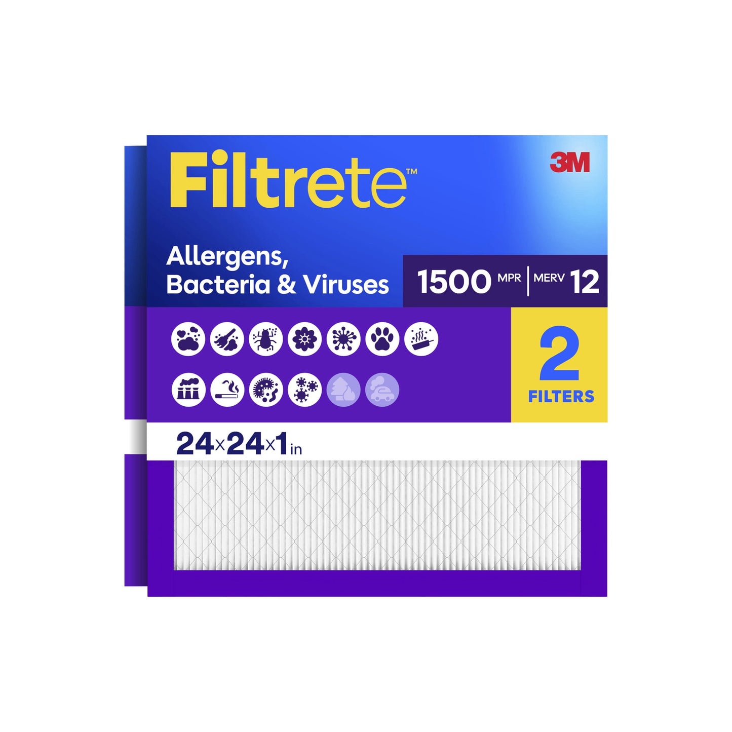 Filtrete 24x24x1 HVAC Furnace Air Filter, MPR 1500 MERV 12, Allergens, Bacteria & Viruses, 2 Pack