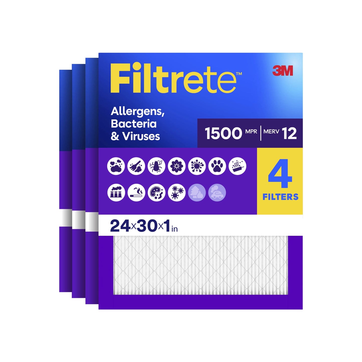 Filtrete 24x30x1 HVAC Furnace Air Filter, MPR 1500 MERV 12, Allergens, Bacteria & Viruses, 4 Pack