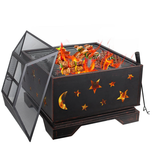 Fire Pit, Outdoor Wood Burning Fire Pit, Square Fire Place with Fire Poker, Metal Firepits for Garden Bonfire, Camping, Picnic, Barbecue
