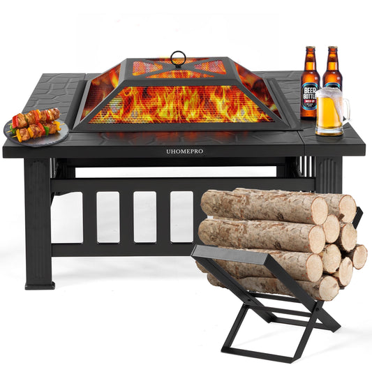 Fire Pits for Outside, 32" Wood Burning Fire Pit Tables with Firewood Rack, Screen Lid, Poker, BBQ Net, Food Clip and Cover, Backyard Patio Garden Outdoor Fire Pit BBQ Fire Pit, Black