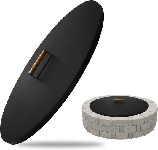 Firepit Snuffer Lid - Carbon Steel 31 Inch Fire Pit Lid with Powder Coating & Ergonomic Wooden Handle - Fit for Fire Pit Size up to 29 Inch - Reliable Use as Garden Decor Fire Pit Accessories