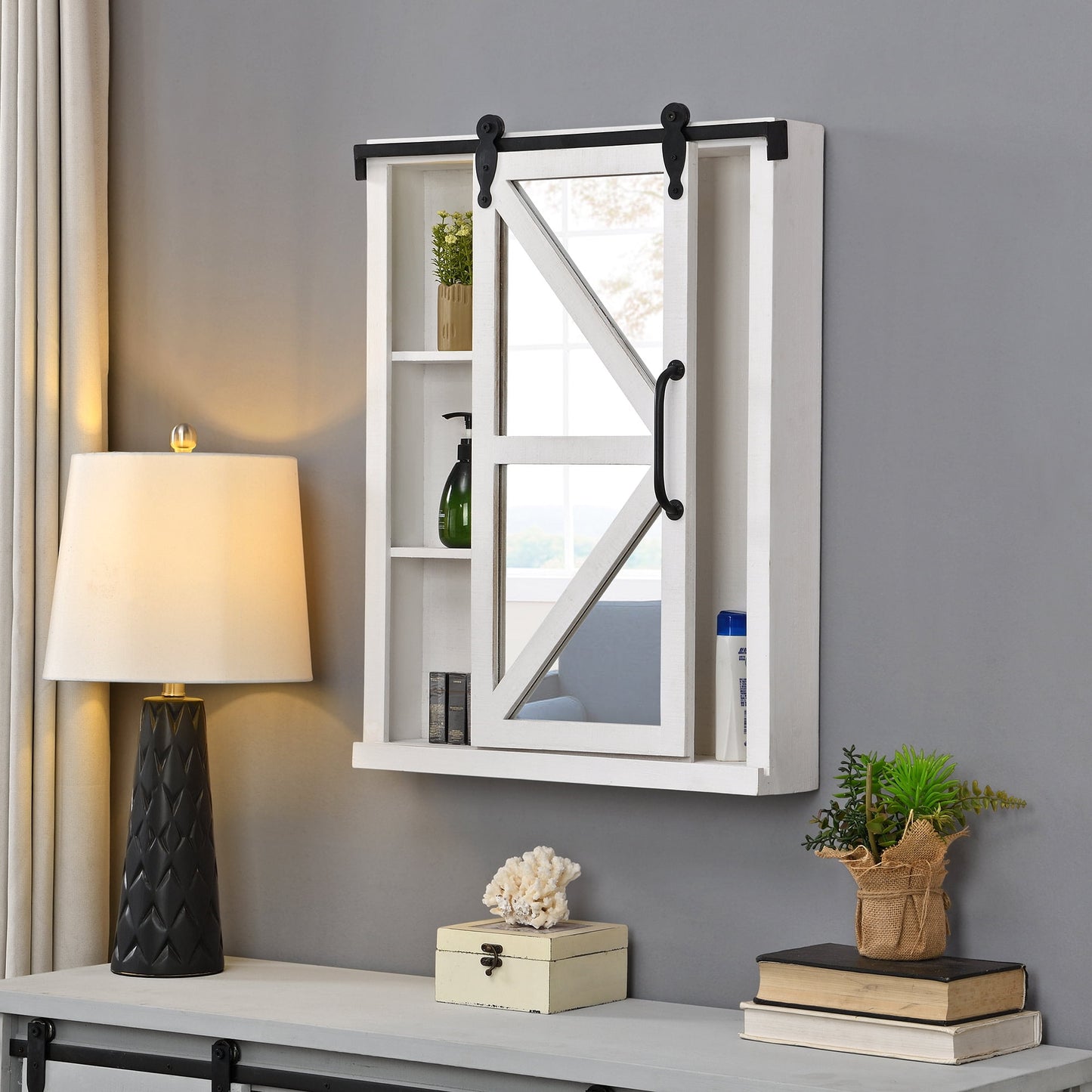 FirsTime & Co. Black Winona Barn Door Mirrored Cabinet, Farmhouse, Square, 21 x 5.5 x 28 in