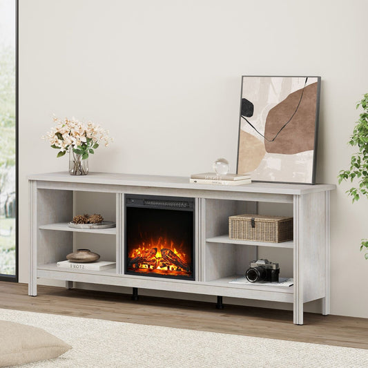 Fitueyes Fireplace TV Stand for 55/65/75 inch TVs, Fireplace TV Console Table for 70 inch TV with 4 Compartments for Living Room Bedroom, Off White