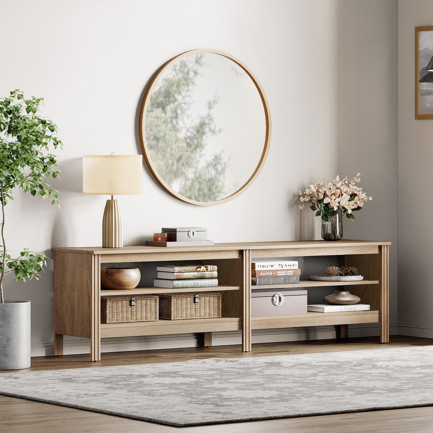 Fitueyes Mid-century Modern TV Stand for 75" TV, Oak Media Console with Open Shelves for Living Room, 70 Inch
