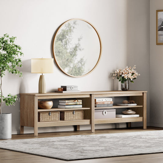 Fitueyes Mid-century Modern TV Stand for 75" TV, Oak Media Console with Open Shelves for Living Room, 70 Inch