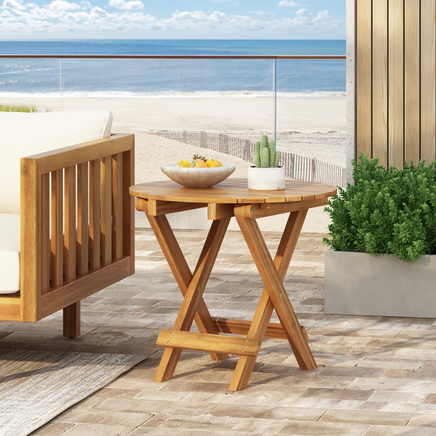 Foldable Adjustable Outdoor Acacia Wood Side Table (Teak Finish)