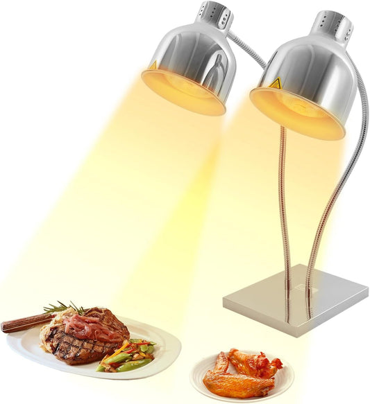 Food Heat Lamp, Commercial Food Warmer Lamp with 360°Adjustable Head 2 Dual 250w Bulbs, Food Warming Heating Light for Restaurant Kitchen Buffet (Silver)