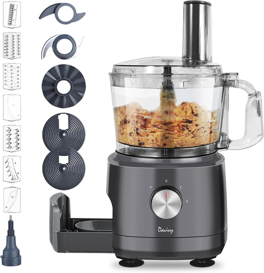 Food Processor 7 Cup, Built-in Storage Drawer Small Food Processors with 10 set blades,French fry cutting,Wavy slicing for Home Use,3-Speed, Grey,600W