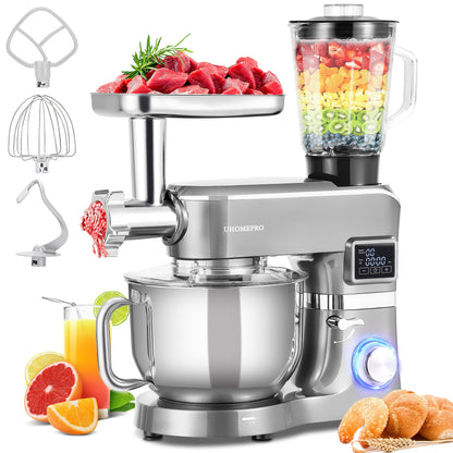 UHOMEPRO 9-in-1 Multifunctional Kitchen Stand Mixer, 6.5 QT Kitchen Electric Mixer with LED Display, 6 Speed Food Mixer with Meat Grinder, Blender, Vegetable Slicer, Pasta and Cookie Maker, Red