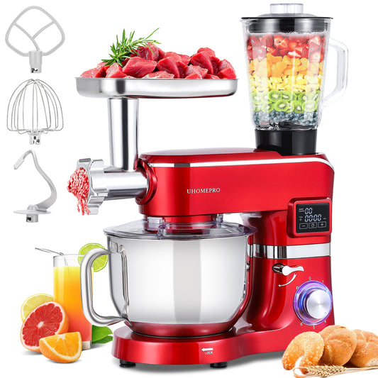 UHOMEPRO 9-in-1 Multifunctional Kitchen Stand Mixer, 6.5 QT Kitchen Electric Mixer with LED Display, 6 Speed Food Mixer with Meat Grinder, Blender, Vegetable Slicer, Pasta and Cookie Maker, Red