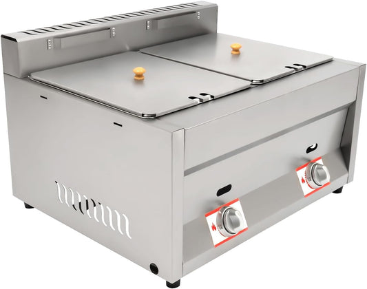 Food Warmer 2-Pan ?Commercial Counter-top Gas Fryer?Deep Fryer for Propane LPG Stainless Steel with Lids for Parties, Catering, Restaurants 12L