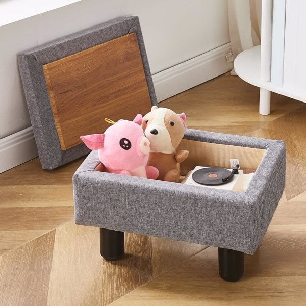 Foot Stool Ottomans Linen Footrest Storage Ottoman Step Stool Seat with Solid Wood Legs Modern Accent Stools for Couch Living Room Dark Grey