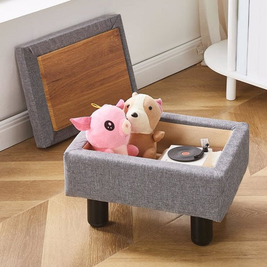 Foot Stool Ottomans Linen Footrest Storage Ottoman Step Stool Seat with Solid Wood Legs Modern Accent Stools for Couch Living Room Dark Grey