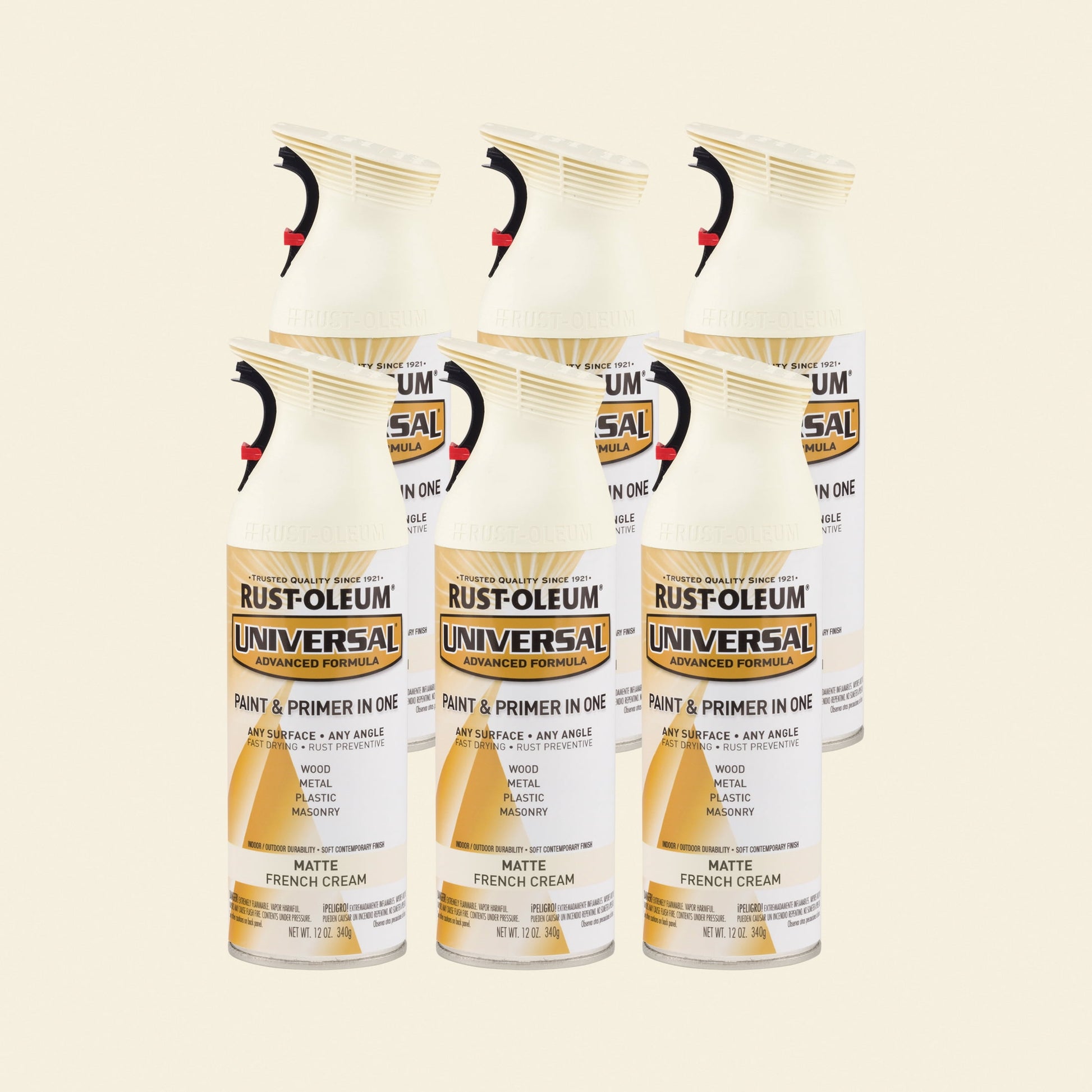 6 Pack, French Cream, Rust-Oleum Universal All Surface Interior/Exterior Matte Spray Paint-282816, 12 oz