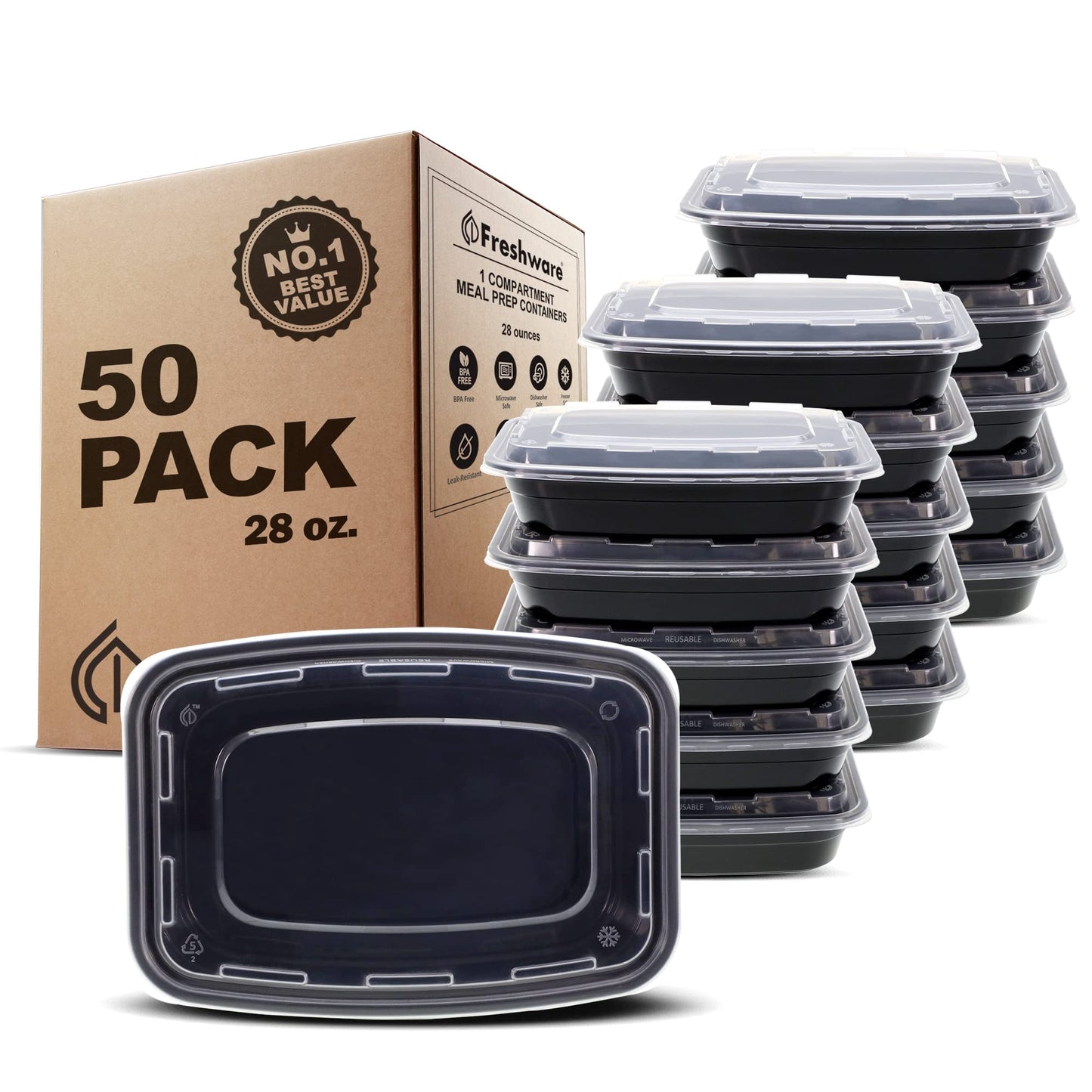 Freshware Meal Prep Containers [50 Pack] 1 Compartment Food Storage Containers with Lids, Bento Box, BPA Free, Stackable, Microwave/Dishwasher/Freezer Safe (28 oz) C30