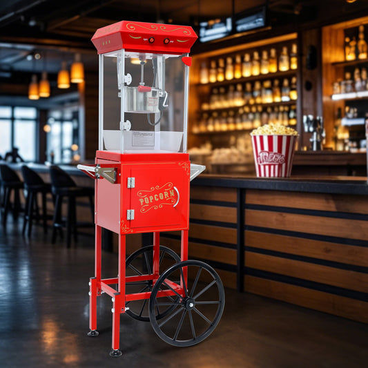 Funnil Popcorn Maker Machine with Cart and 6 Oz Stainless Steel Kettle Makes Up to 24 Cups, Vintage Movie Theater-Style Popper, Red