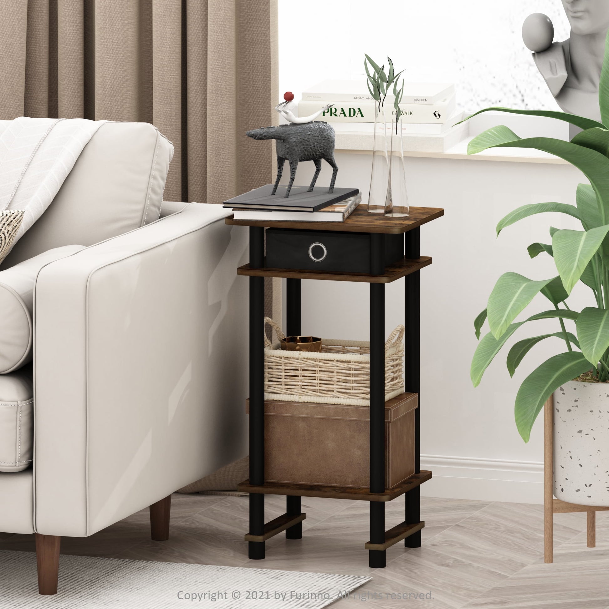 Furinno 2-17017 Turn-N-Tube Tall End Table with Bin, Amber Pine/Black/Black, Set of 2