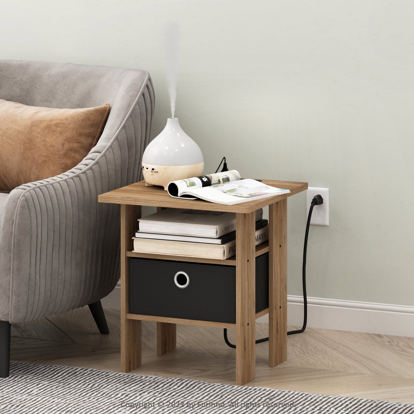Furinno Andrey USB and Type-C Port Charging Station End Table with Storage Bin, Flagstaff Oak/Black