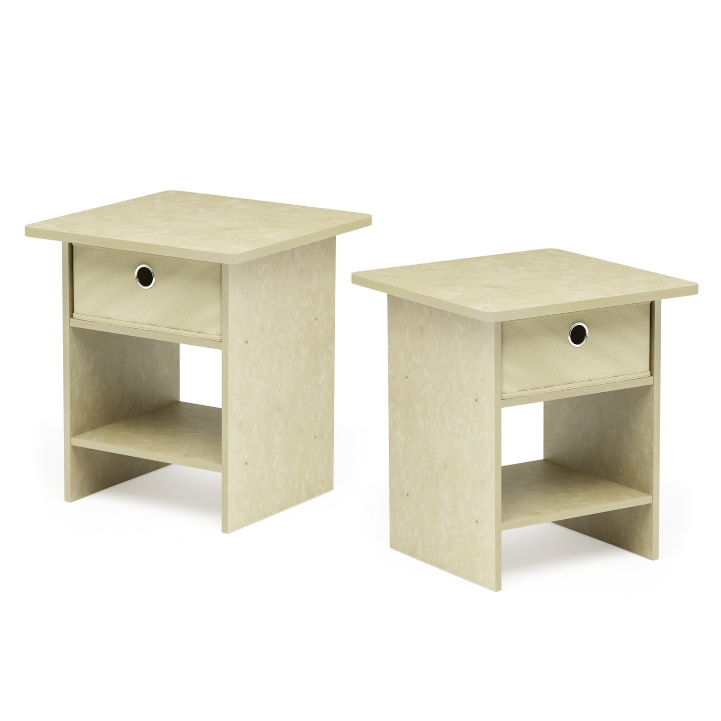 Furinno DARIO End Table/ Night Stand Storage Shelf with Bin Drawer, Beige Marble/Ivory, Set of 2