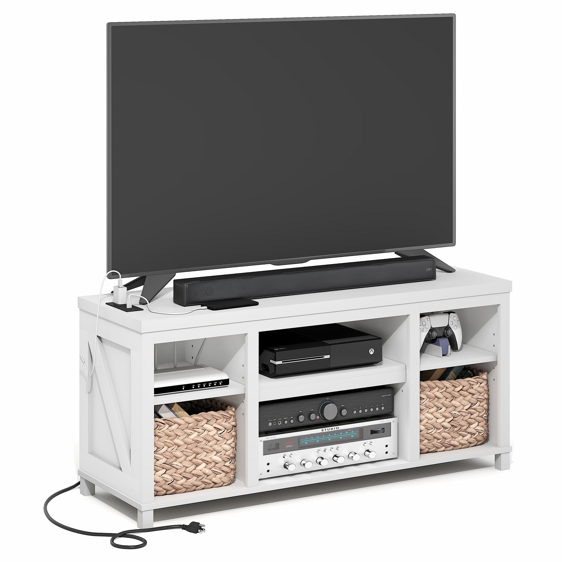 Furinno FARMHOUSE TV Stand w/ Charging 3-Tier Console for TVs up to 55" White