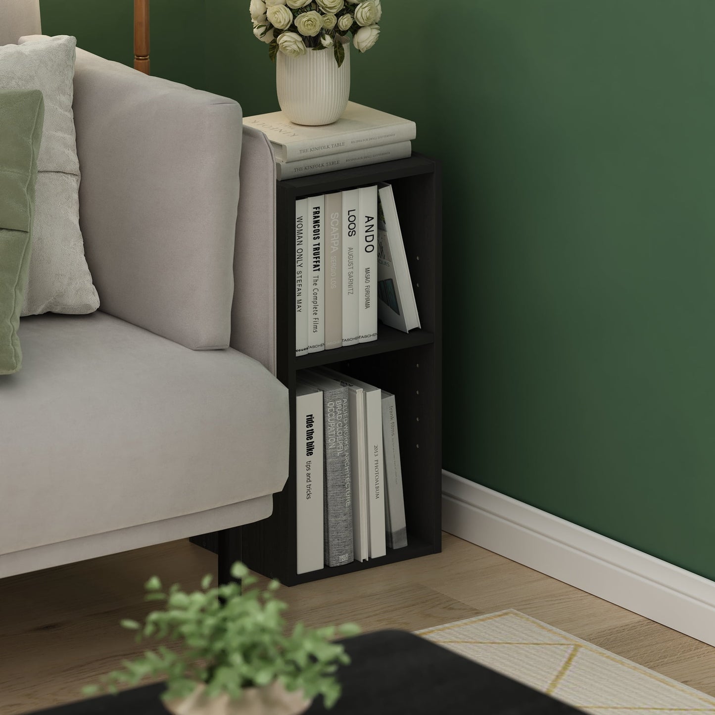 Furinno FULDA Book Shelf, 2-Tier Narrow Bookshelf, Bookcase with 10-In Width Storage Shelf, 9.3 x 9.8 x 21.2, for Living Room, Bedroom, Home Office, Darkwood